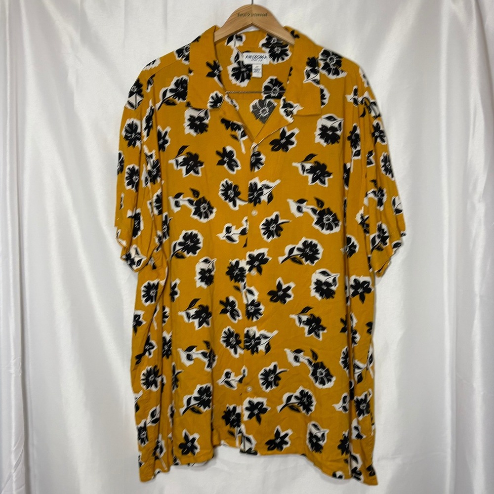 Arizona Jean Co Mens 2XL Mustard Yellow Black Floral Rayon Button Down Shirt EUC - Picture 1 of 8